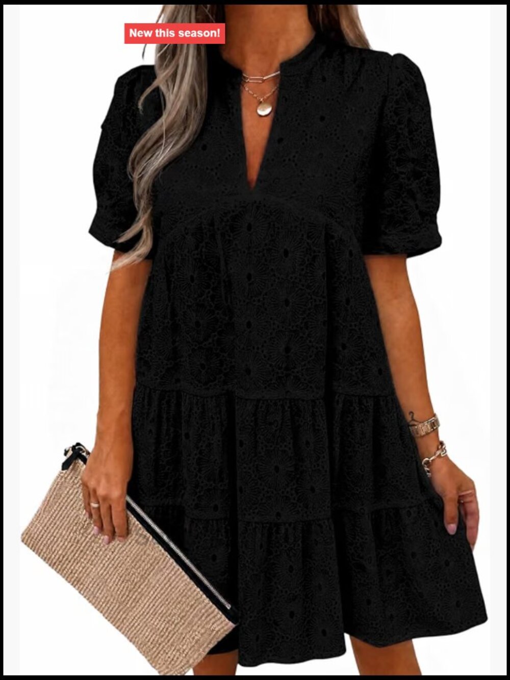100% Cotton Lace Eyelet Babydoll Dress Short Sleeve V-Neck Flowy Summer